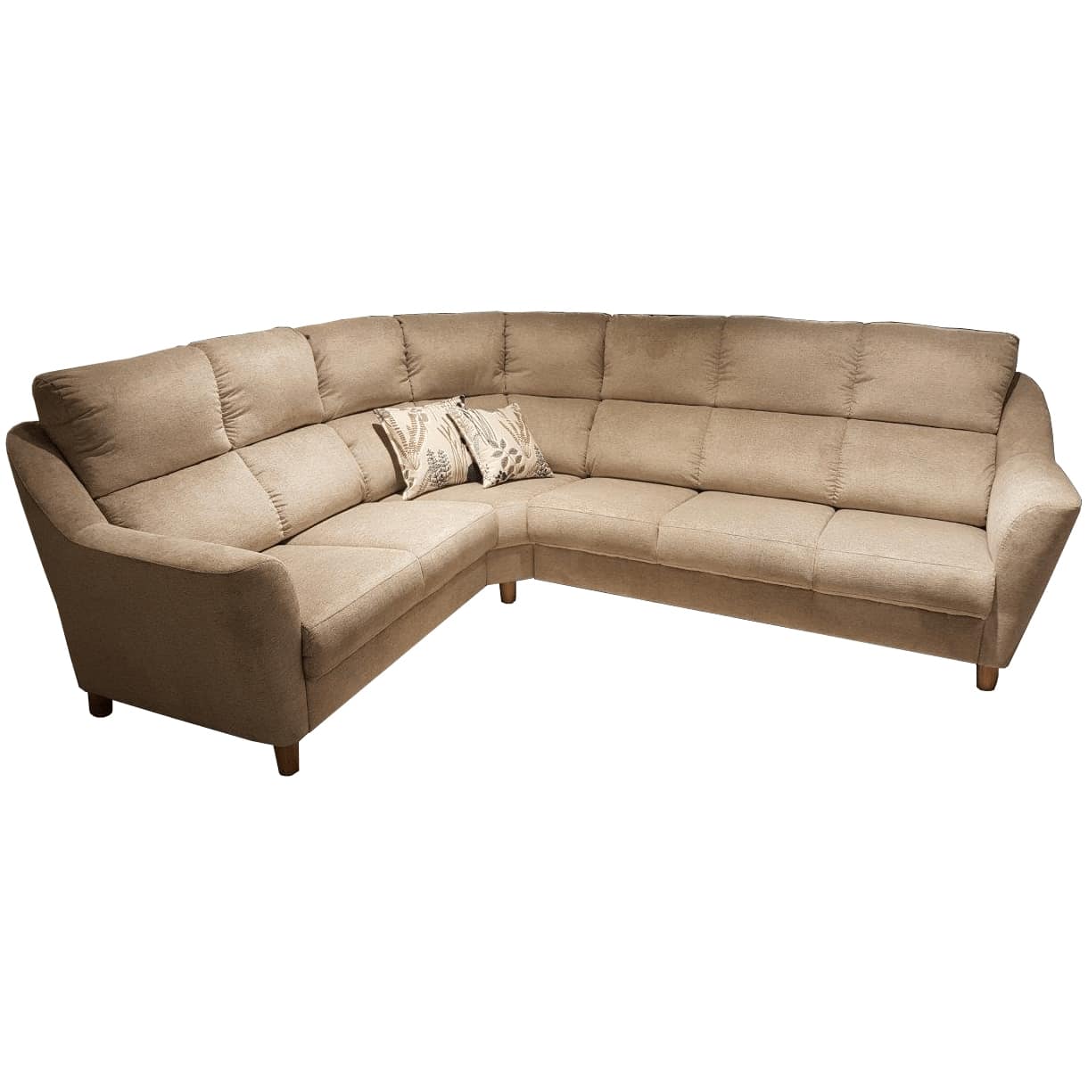 The Everest is a spacious, L-shaped beige sectional sofa with wooden legs and three leaf-pattern throw pillows arranged in the corner section.