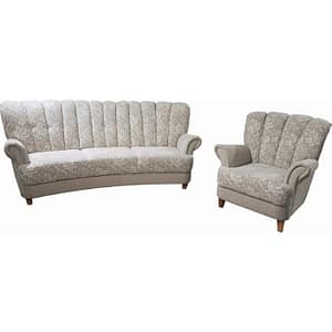 The Lisa set includes a light gray upholstered three-seat sofa and armchair with white floral patterns, scalloped backrests, and wooden legs.