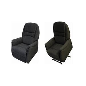 Two dark grey Oslo lyftfåtölj recliners; the left one is upright, the right one tilted forward with footrest extended to show its lift function. Both feature padded seats, backs, and armrests.