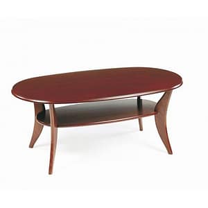 The Pan is a dark wood oval coffee table with curved legs and a lower shelf, shown against a plain white background.