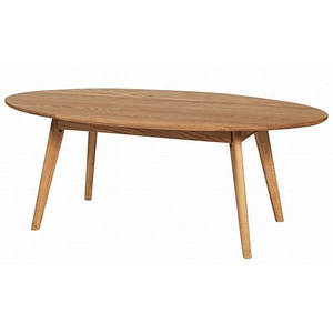 The Yumi is a wooden oval coffee table with a smooth surface, four angled legs, and a simple, modern design.