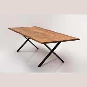 The Buffalo 240x110 cm is a modern wooden table featuring a natural edge and dark metal X-shaped legs, set against a plain, light-colored background.