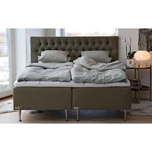 The Exclusive double bed with a tufted headboard, plush bedding, and two pillows stands in a bright room near large windows, beside a side table with a potted orchid and a lit lamp.