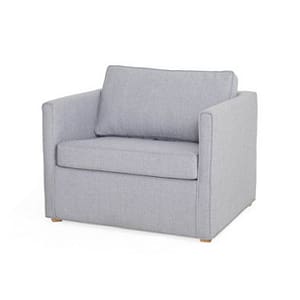 The Månö is a modern armchair upholstered in light gray, with square arms, a straight back, wooden feet, and features cushioned seat and backrest.