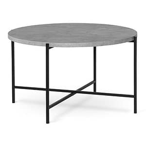 The Monza is a round coffee table featuring a gray stone-effect top and slender black metal legs with a crossbar design.