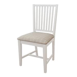 The Stockholm matbord is a white wooden chair with a slatted backrest and a beige plaid cushioned seat, shown against a plain white background.