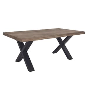 soffbord med brun skiva, ben i metall