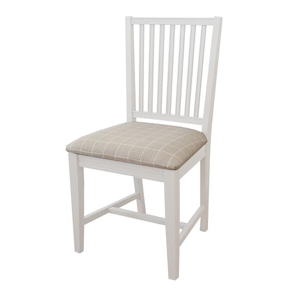The Stockholm matbord is a white wooden chair with a slatted backrest and a beige plaid cushioned seat, shown against a plain white background.