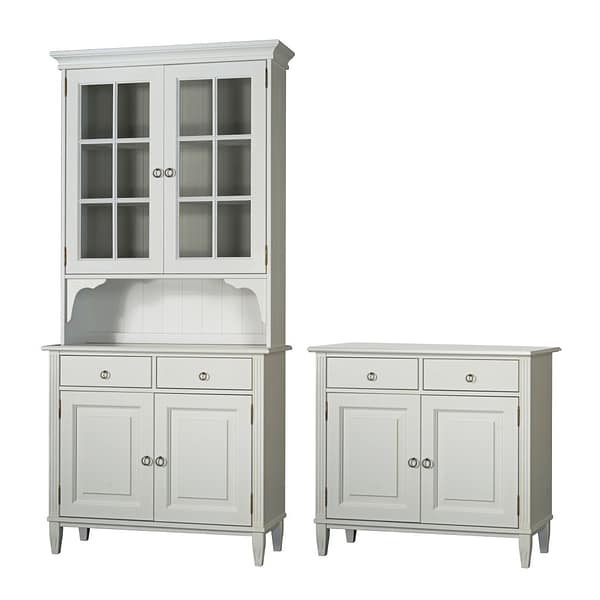Two matching white Stockholm skänkvitrin cabinets: one is a tall hutch with glass upper doors, open shelf, drawers, and lower doors; the other is a shorter cabinet with two drawers and two doors.